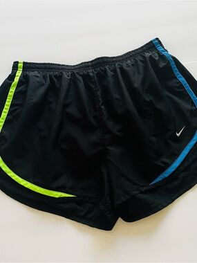 Nike Women’s Black Athletic Shorts with Neon Yellow-Green and Blue Trim
